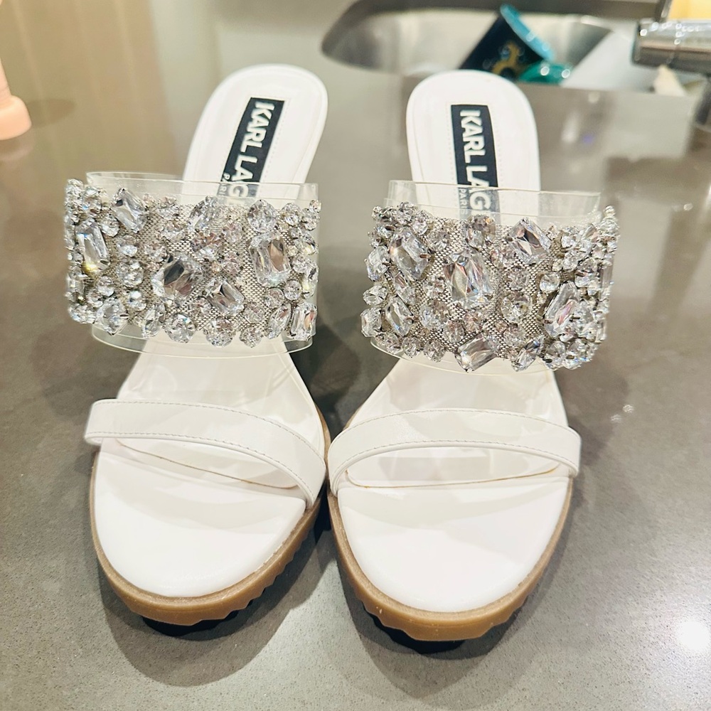 Karl Lagerfeld Paris White Rhinestone Slide Sandals Platform Glam Size 8.5